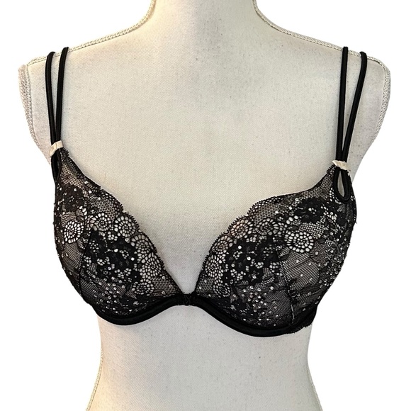 Vtg 2011 Victoria's Secret RHINESTONE PADDED Bra 34C White Black Floral Lace - Picture 1 of 6